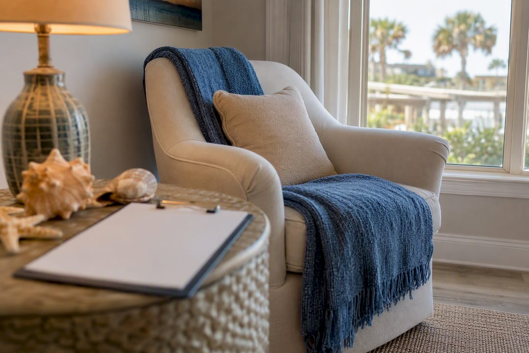 Vacation rental living room with checklist