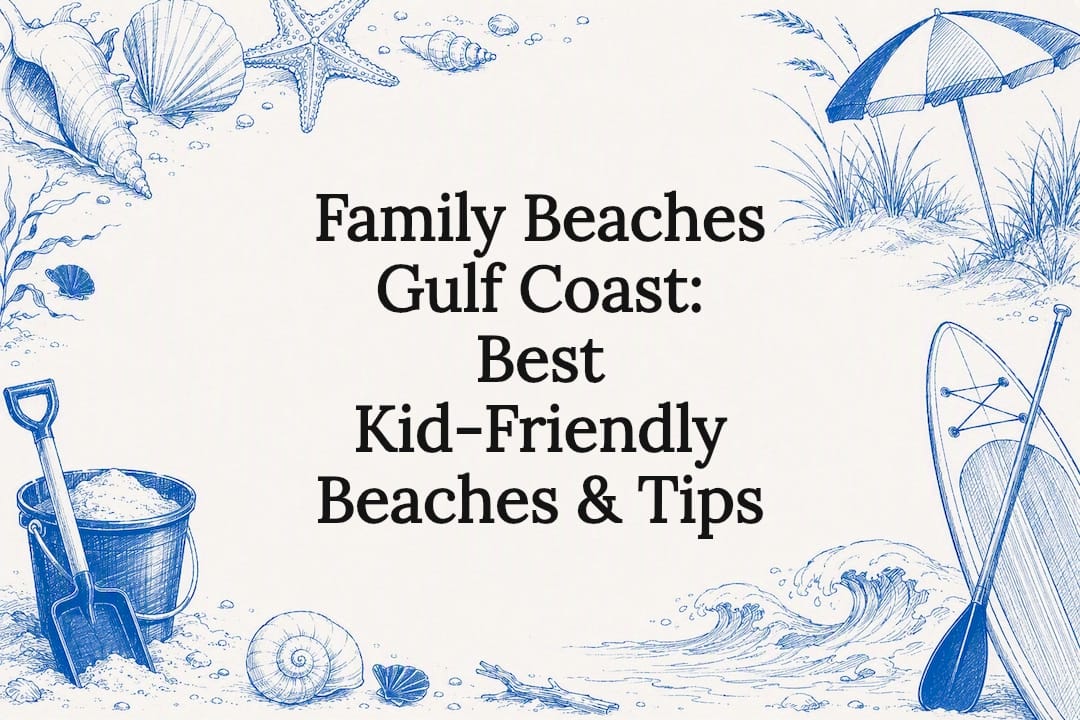 Decorative title card illustration for family beach article