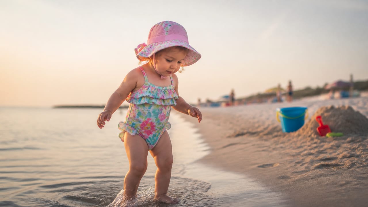 Toddler playing in shallow water at Navarre Beach