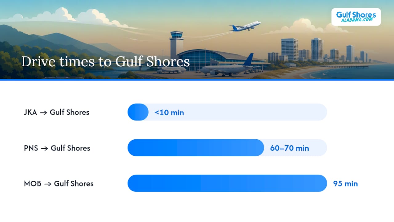 Diagram of airport drive times and transit options to Gulf Shores