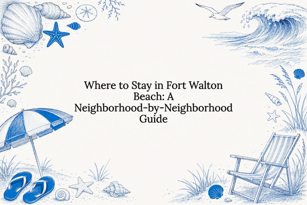 Decorative coastal vacation title card illustration
