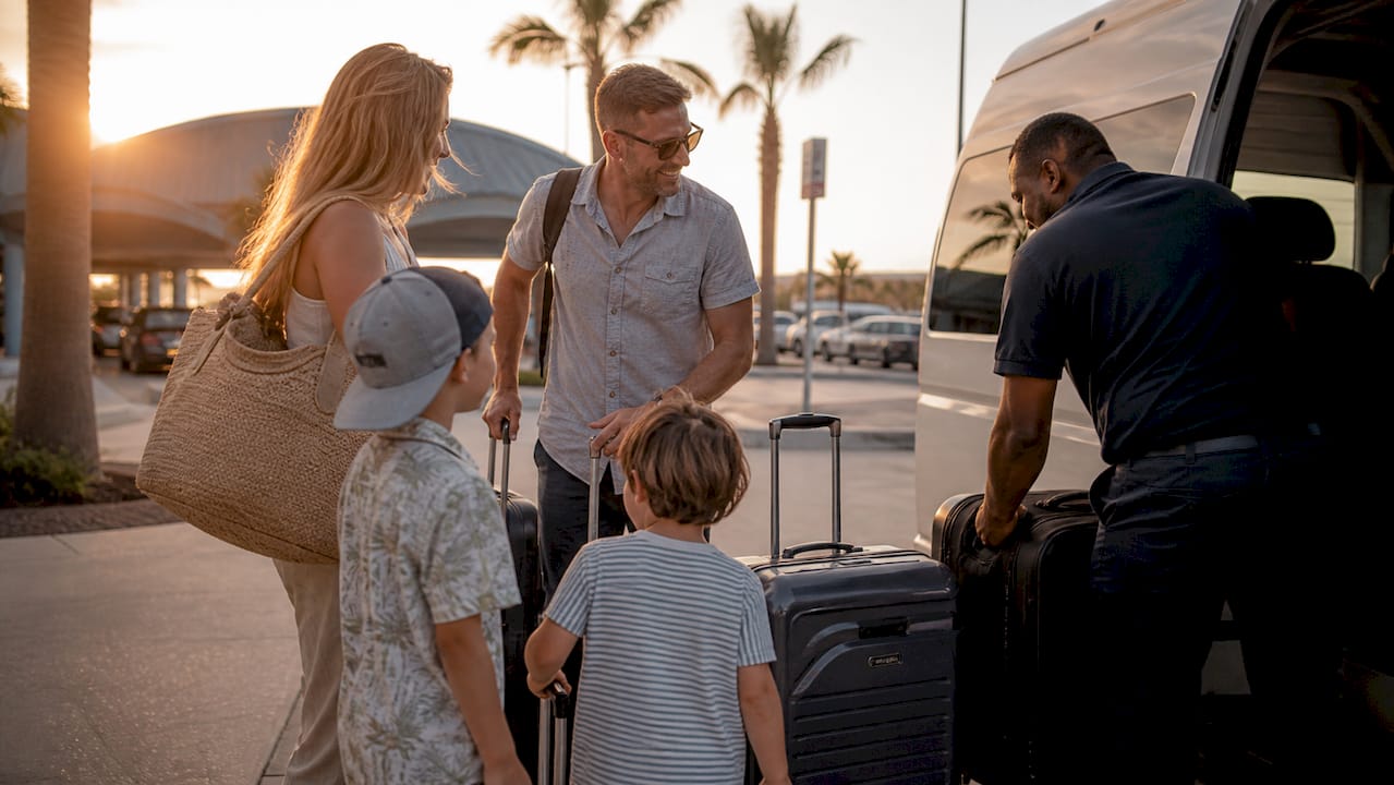 Family loading luggage into shared shuttle van at airport