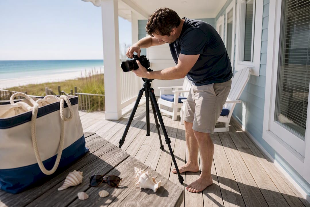 Photographer adjusting camera on tripod at vacation rental exterior