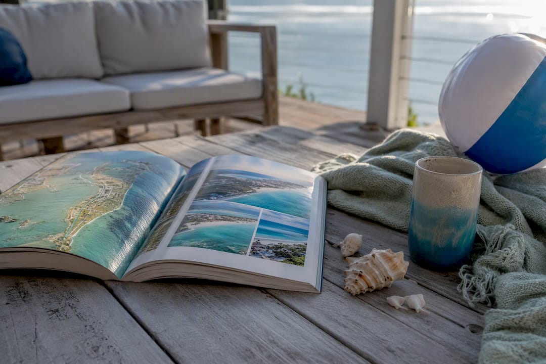 Coastal destination travel guide on wooden table