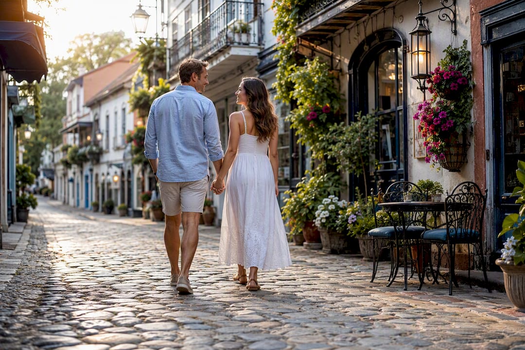 Couple walking on cobblestone street at sunset