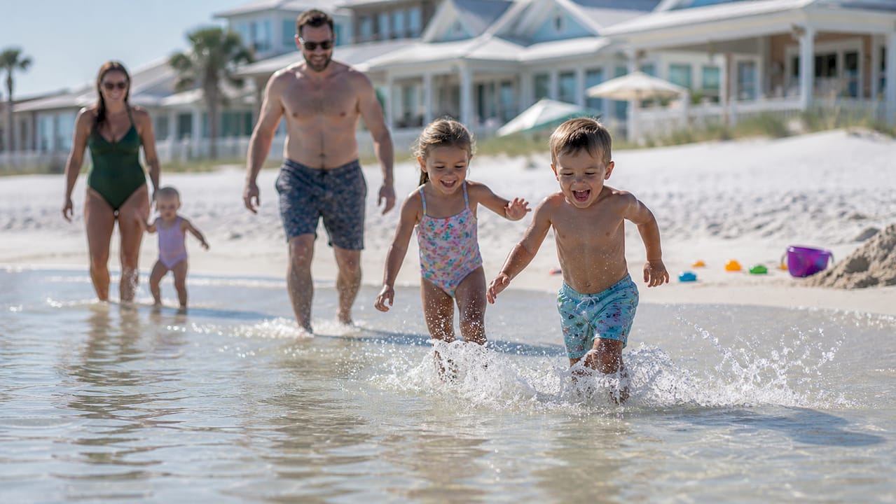 Family building sandcastles near vacation rentals