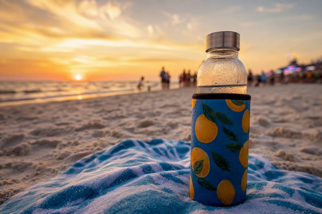 Frozen water bottle on beach blanket