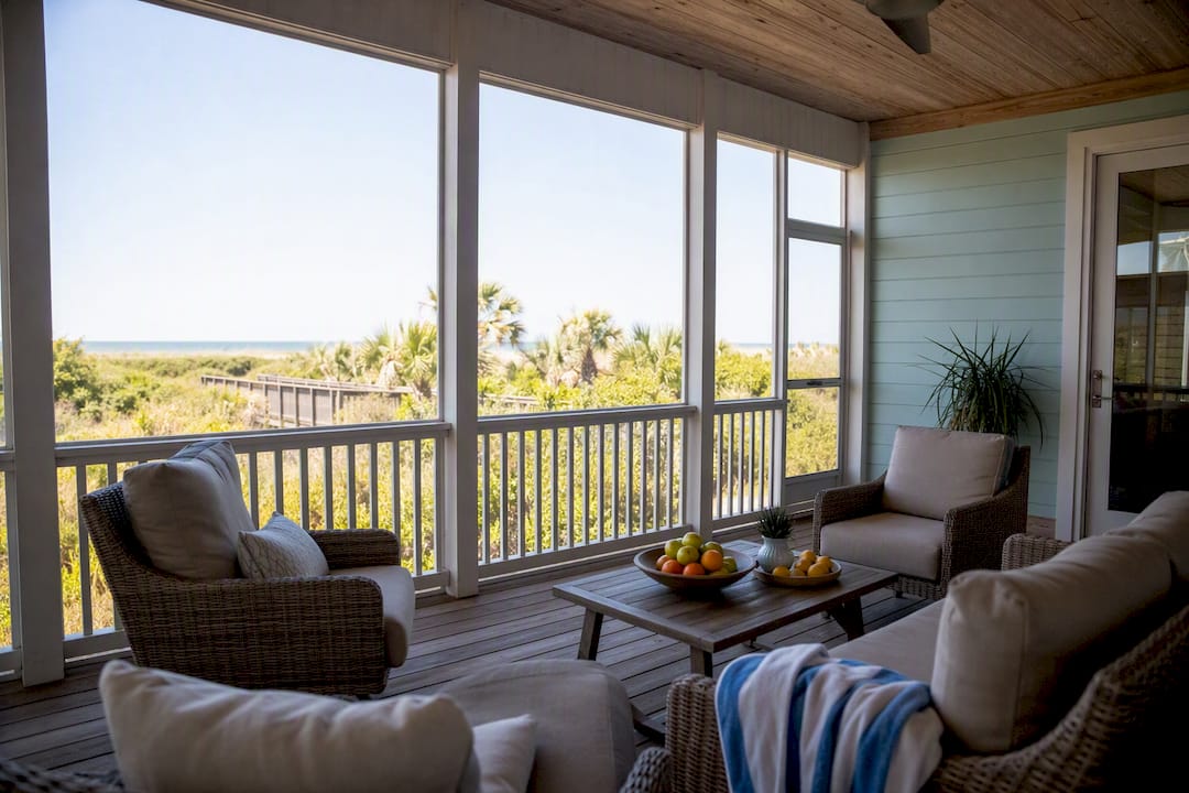 Shaded porch of Gulf Shores beach rental