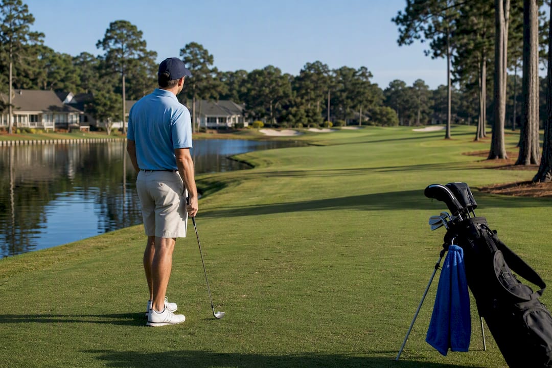 Golfer studying a water hazard