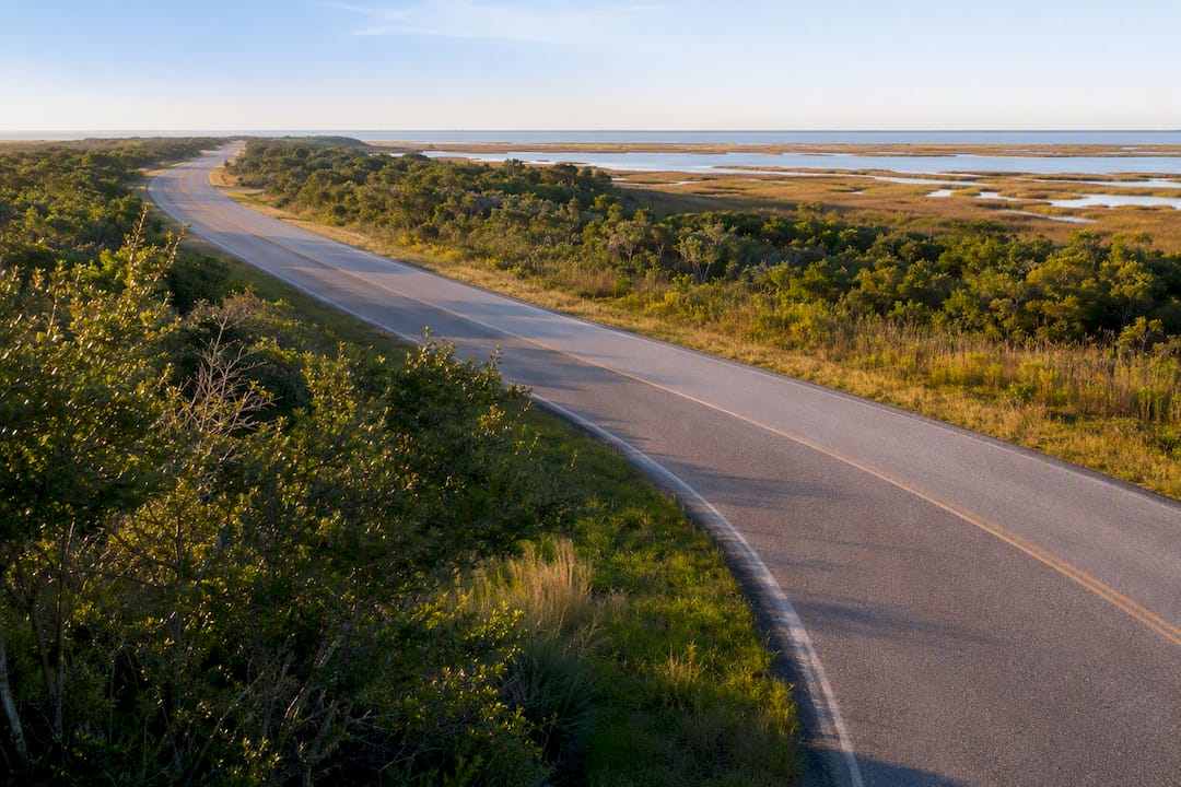 Quiet road through Fort Morgan marsh