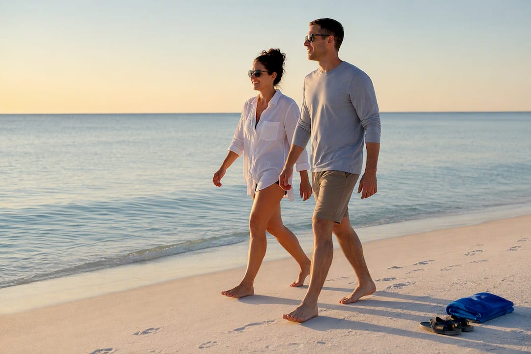Travelers walking beside calm morning water