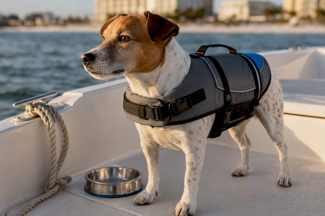 Dog wearing life vest on coastal boat