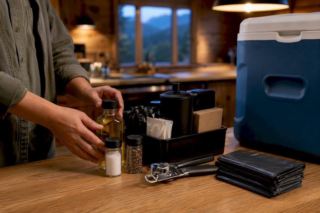 Cabin kitchen starter kit beside cooler