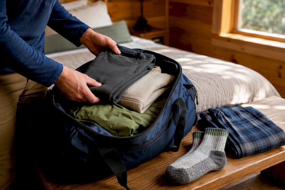 Three-layer clothing packed for cabin weather