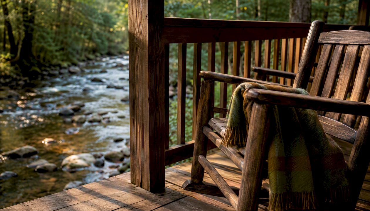 Rental porch beside a Smoky Mountain creek
