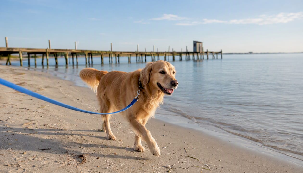 Leashed dog walking Fort Morgan bayside beach