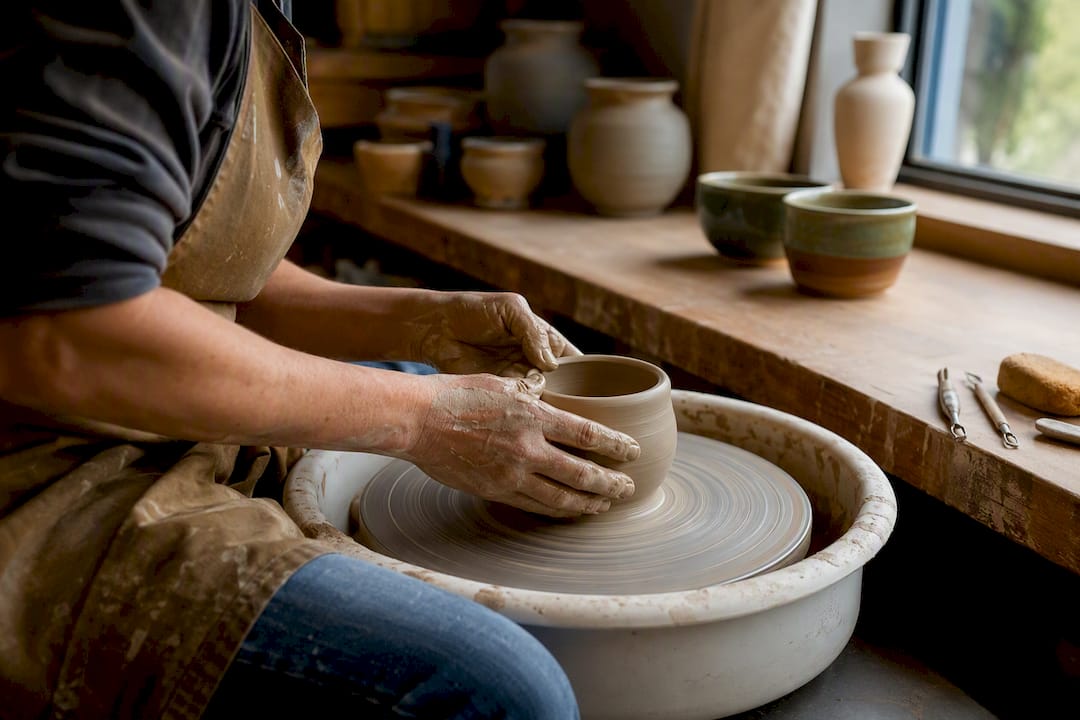 Potter shaping clay in craft studio