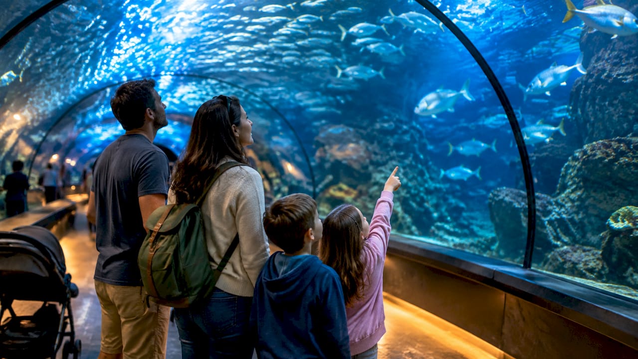 Family viewing fish in aquarium tunnel