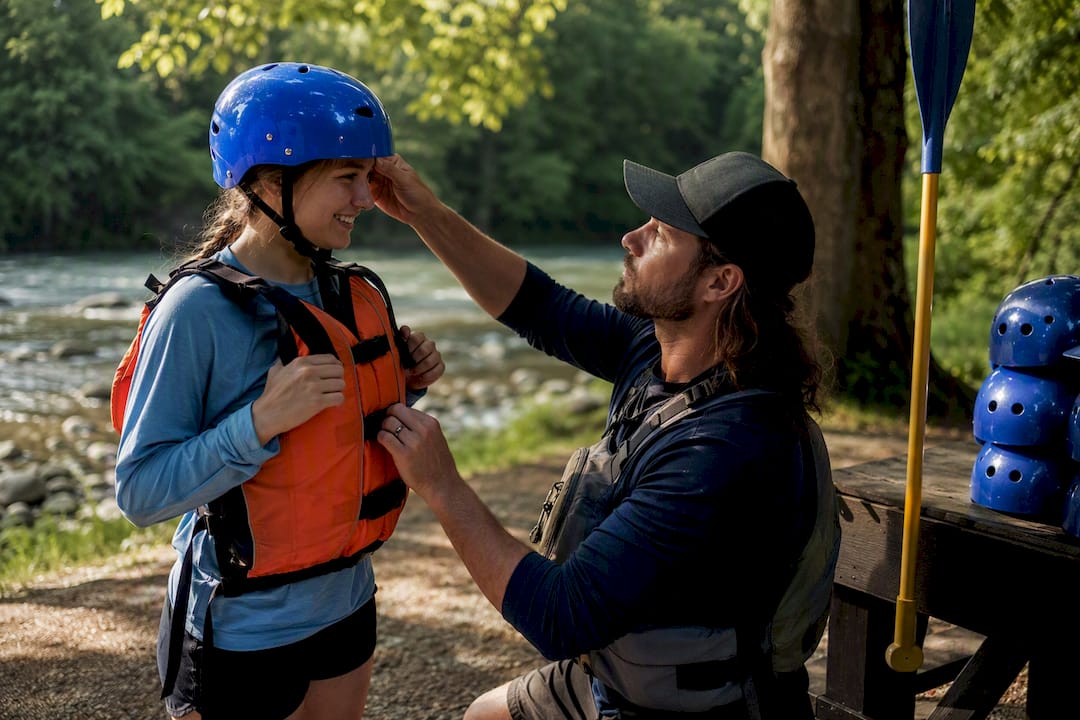 Guide fitting guest with rafting safety gear