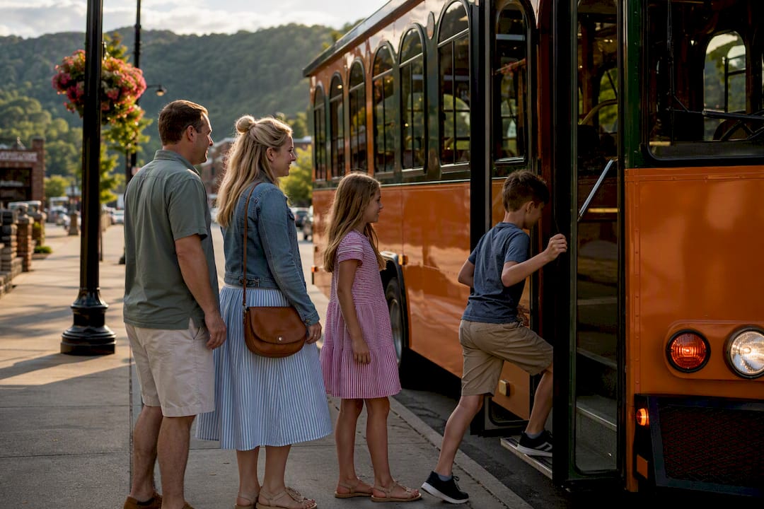 Family boarding a Gatlinburg neighborhood trolley