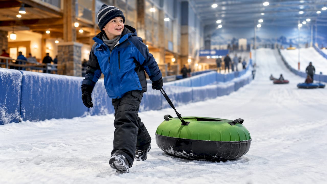 Child pulling tube through indoor snow