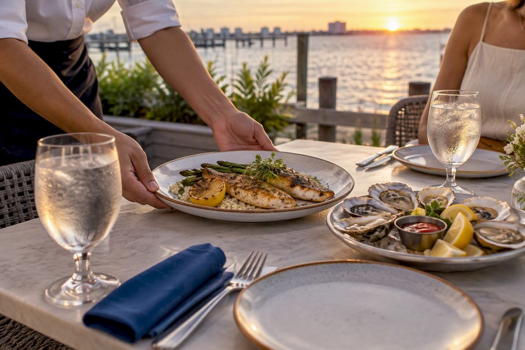 Fresh Gulf seafood served beside waterfront