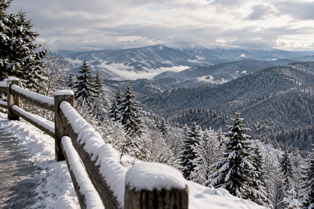 Snow-covered Smoky Mountain ridges after snowfall