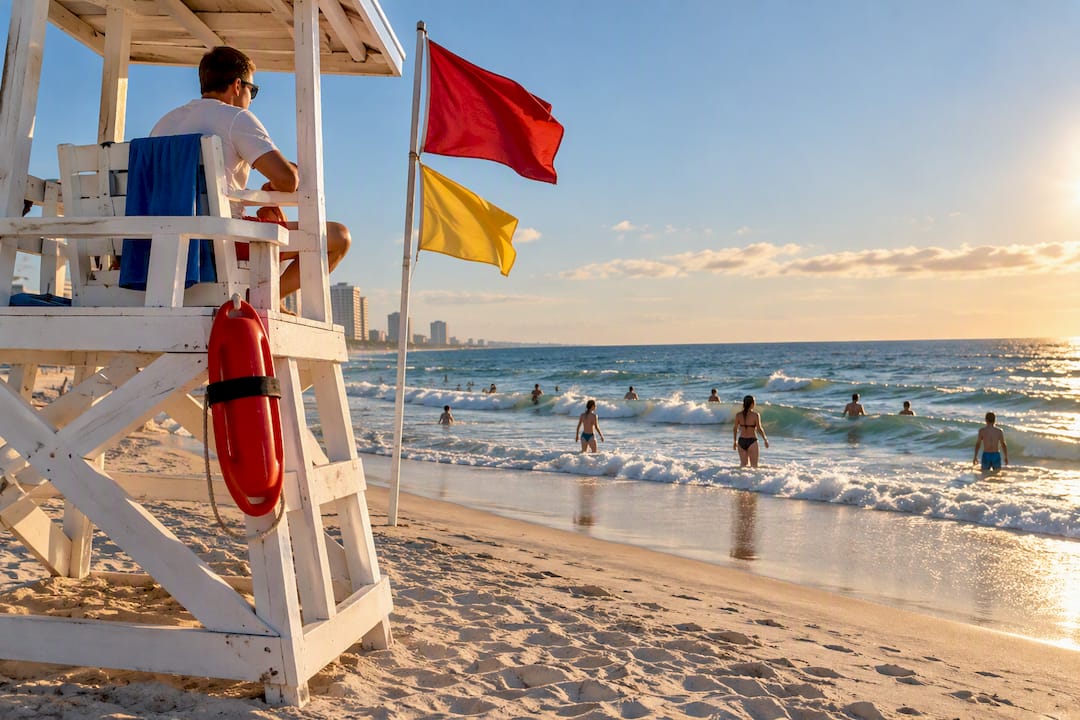 Beach warning flags beside lifeguard tower