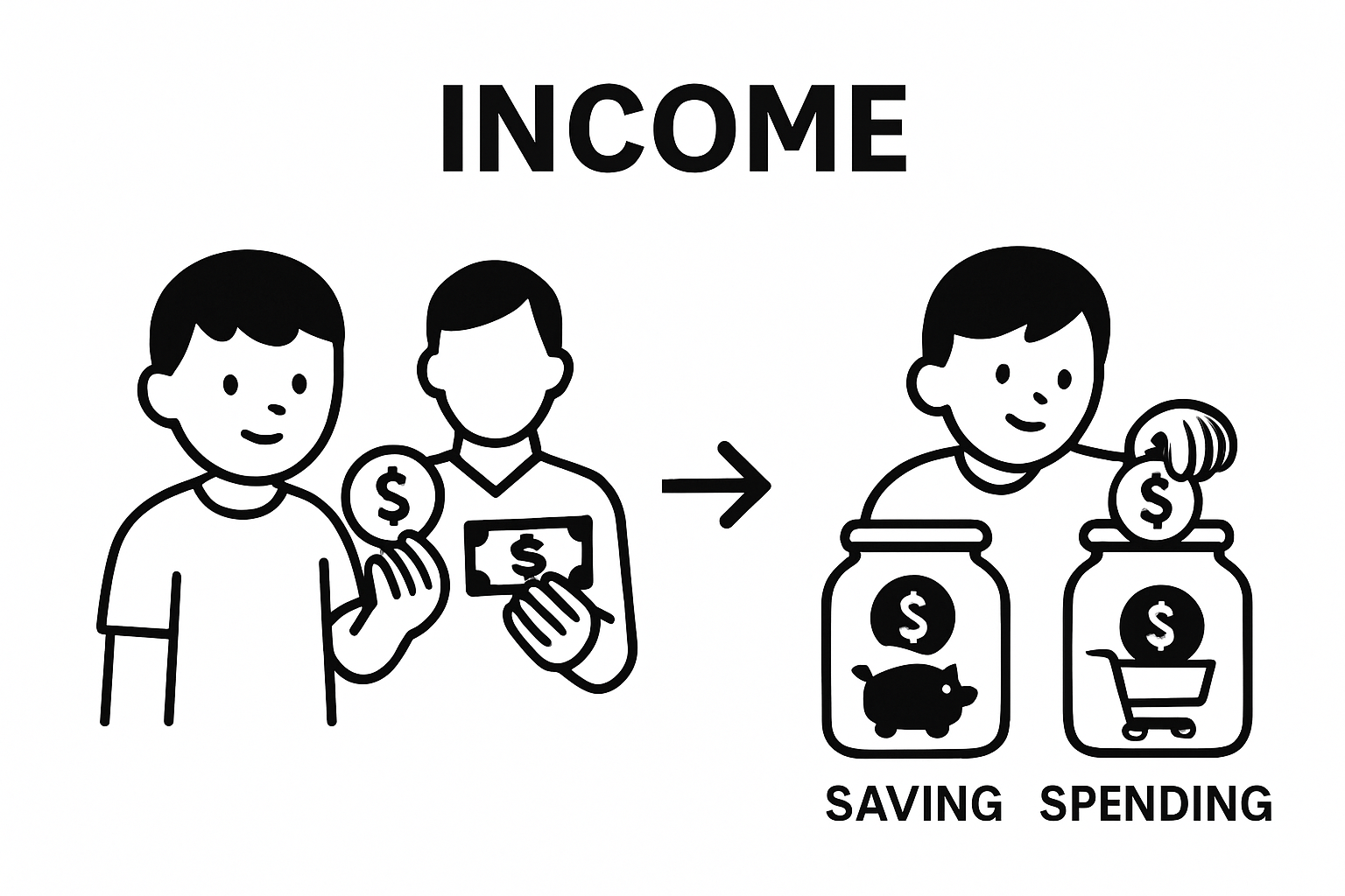 Visual of a child splitting income into savings and spending jars