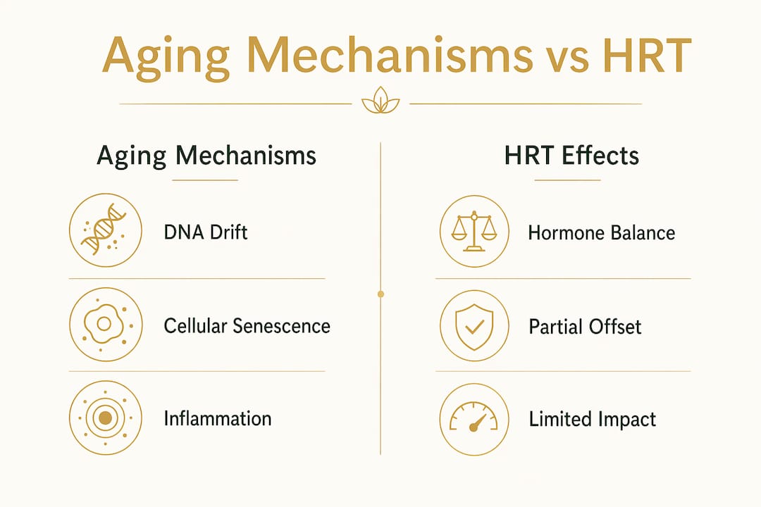 Infographic comparing aging mechanisms and HRT effects