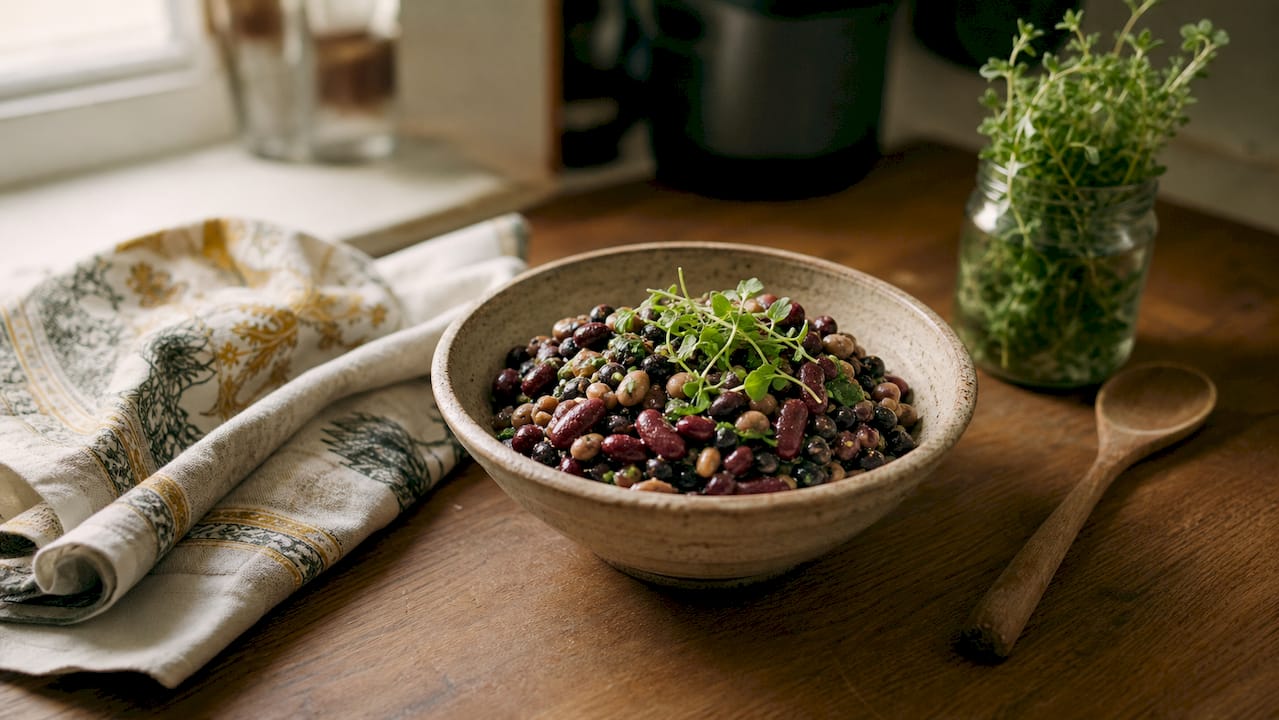 Bowl of cooked legumes on wooden table