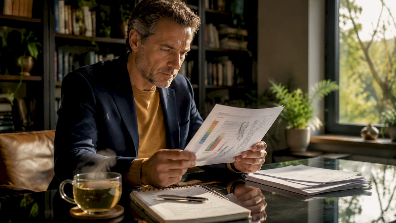 Man analyzing DNA methylation test results at desk