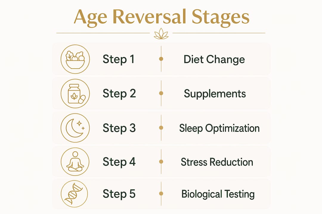 Infographic illustrating steps to biological age reversal
