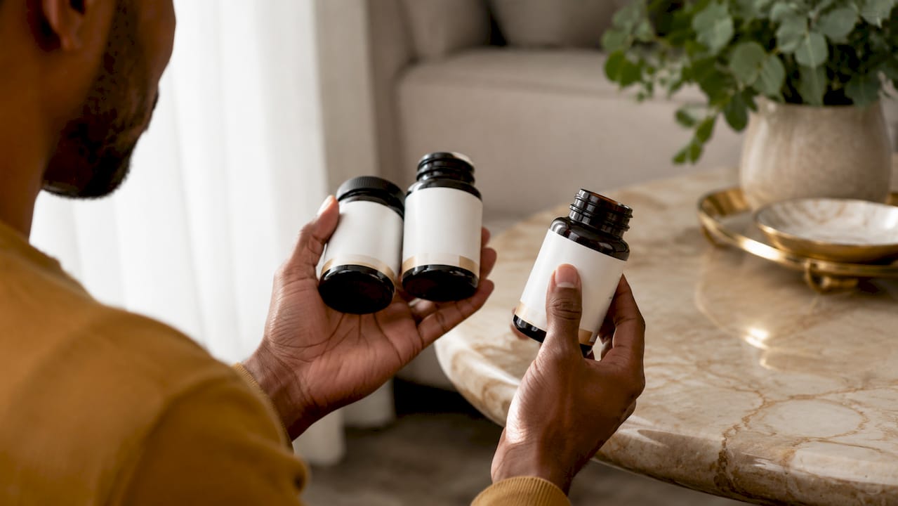 Hands examining various supplement bottles at home