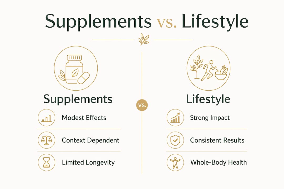 Infographic comparing supplements and lifestyle effects on aging