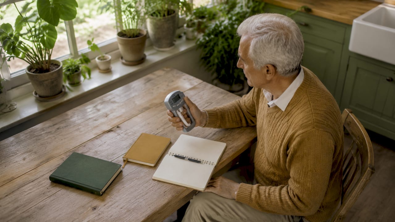 Senior man measuring handgrip strength at home