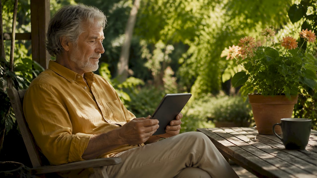 Older man's hands holding tablet reflecting on age