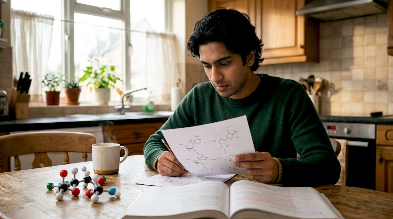 Scientist studying NAD+ molecular diagrams