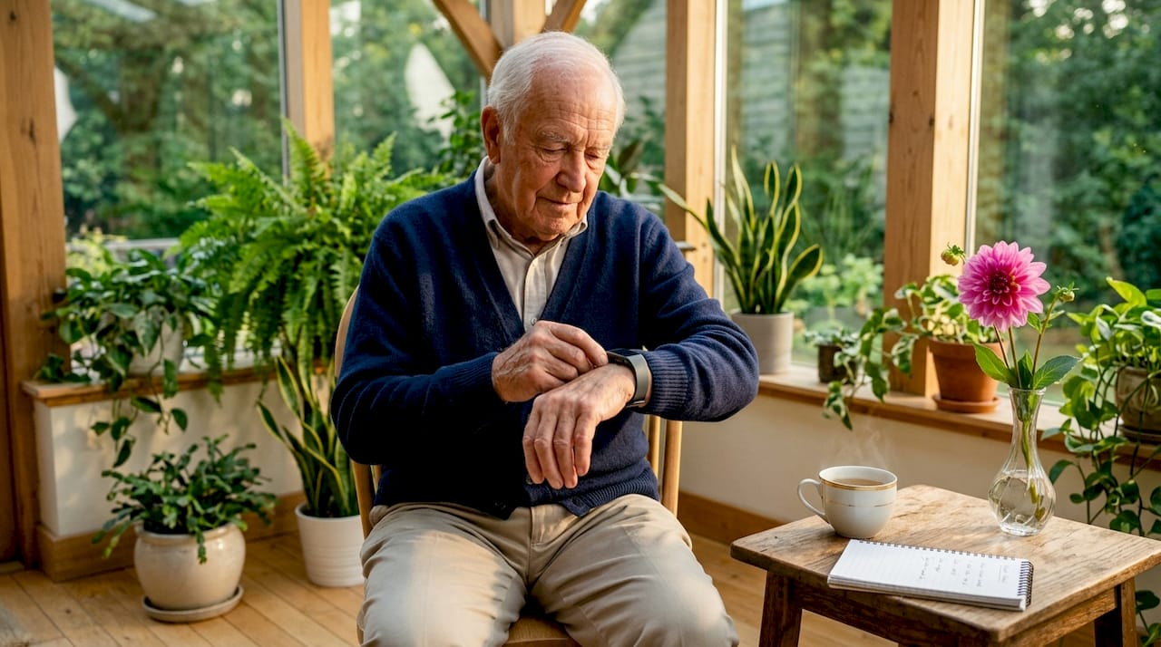 Senior man checking wearable biomarker monitor