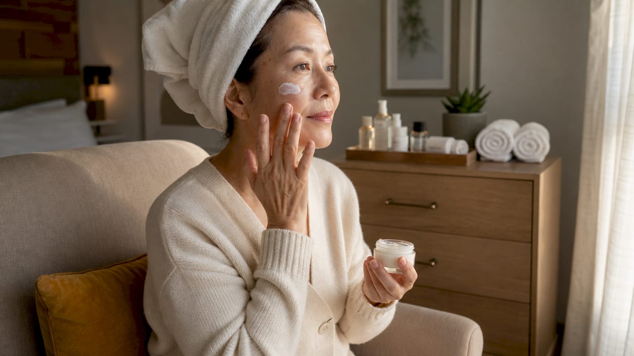 Woman applying moisturizer in bathroom
