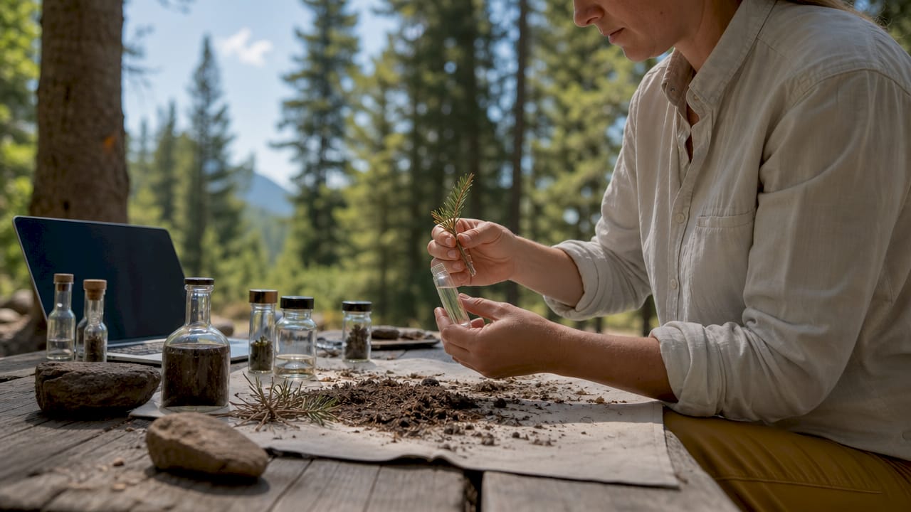 Hands examining pine needles in lab