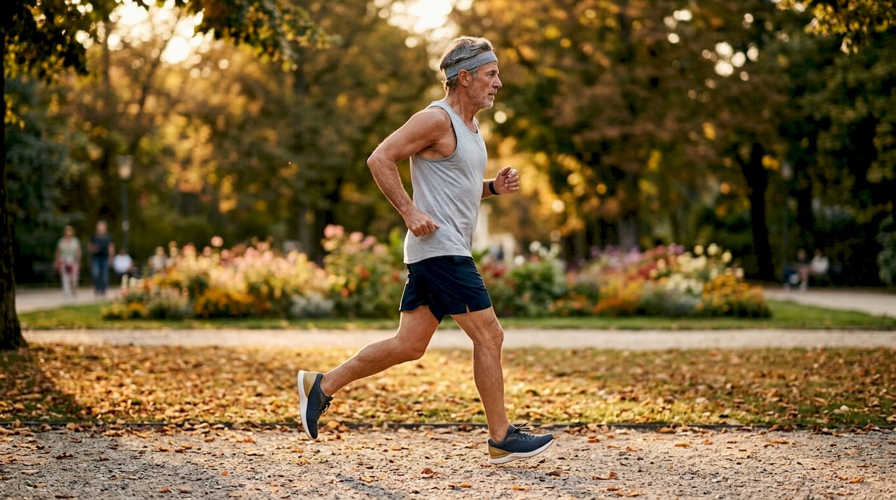 Older man jogging on forest trail at dawn