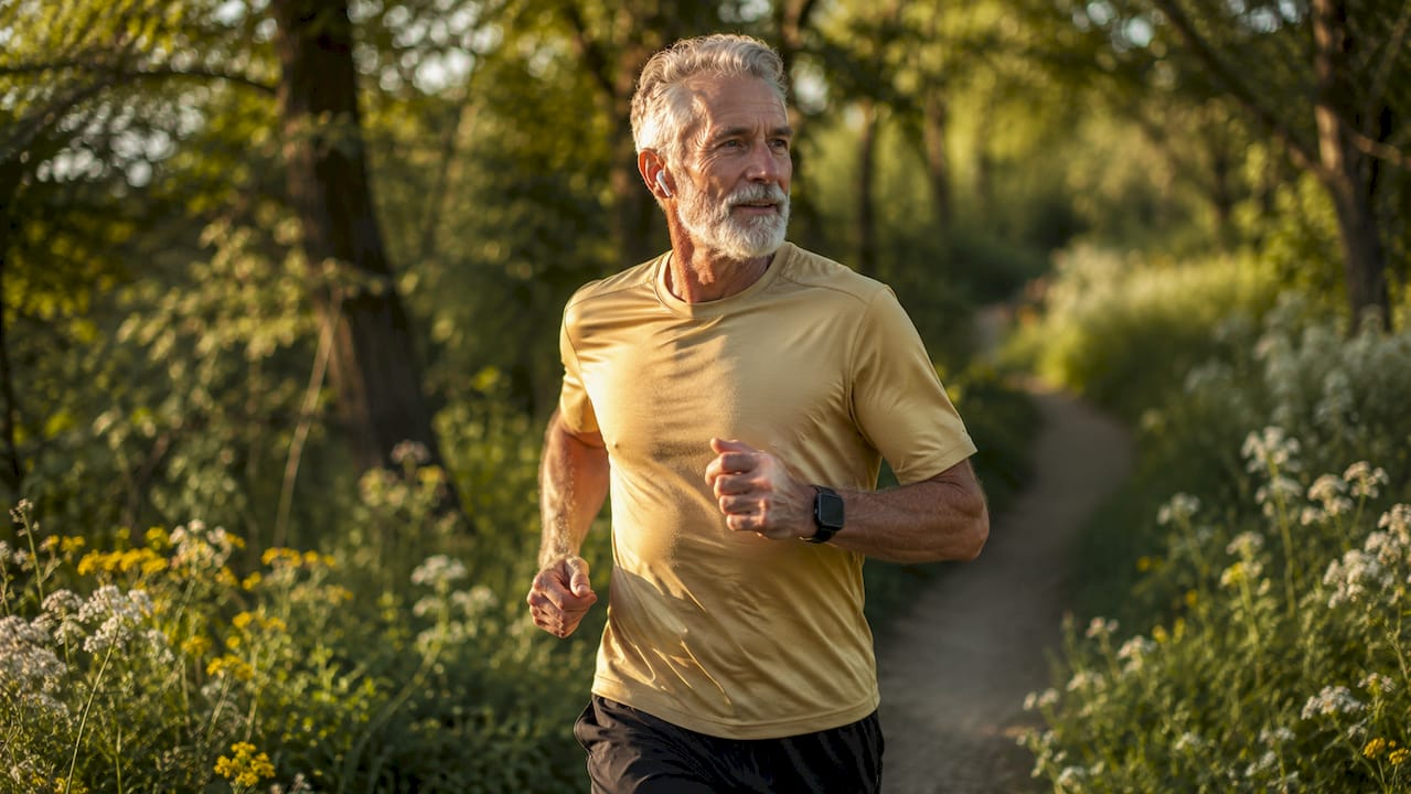 Older man jogging in park for cellular renewal