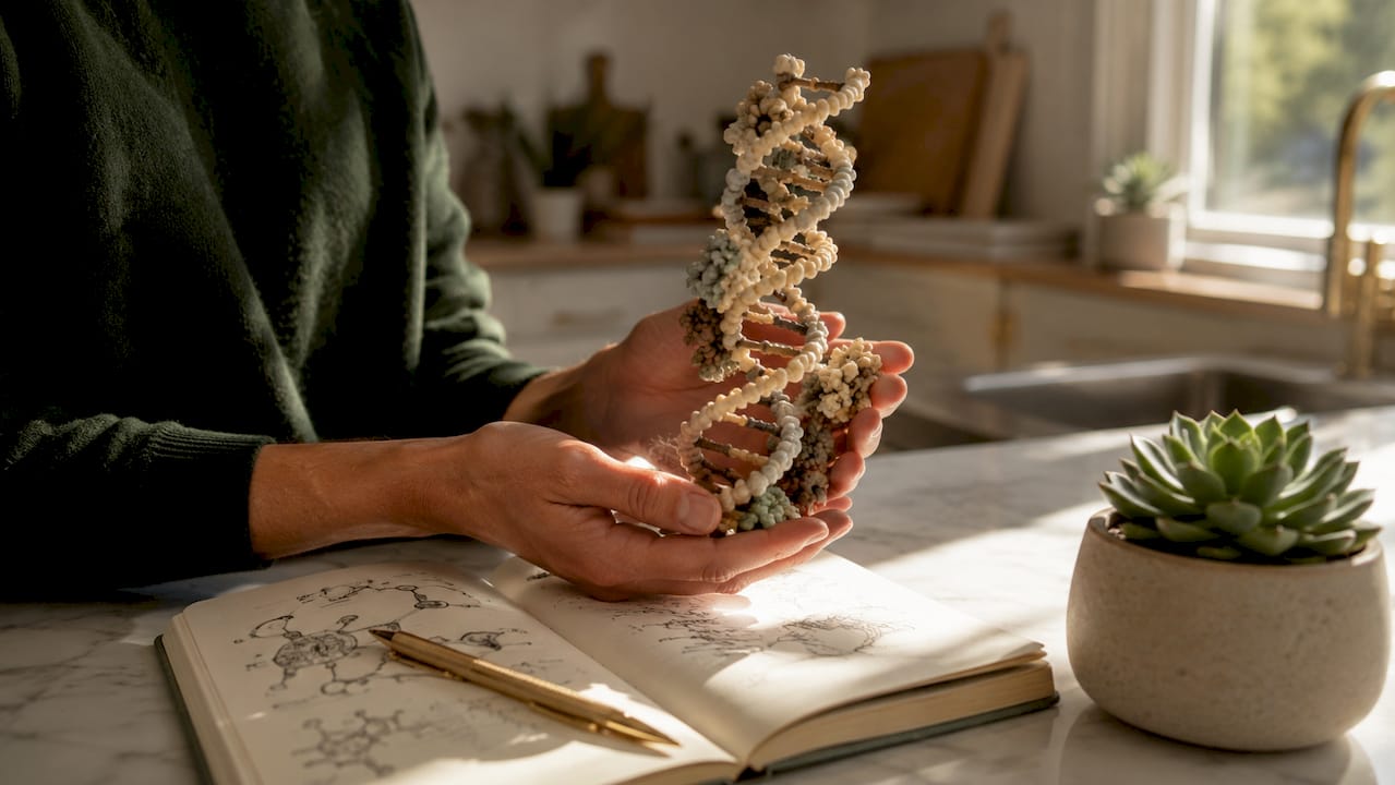Hands holding DNA histone model on desk