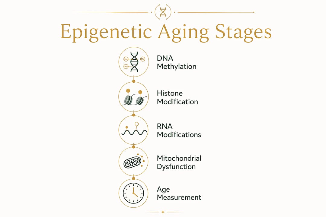 Infographic displaying epigenetic aging stages in flow format