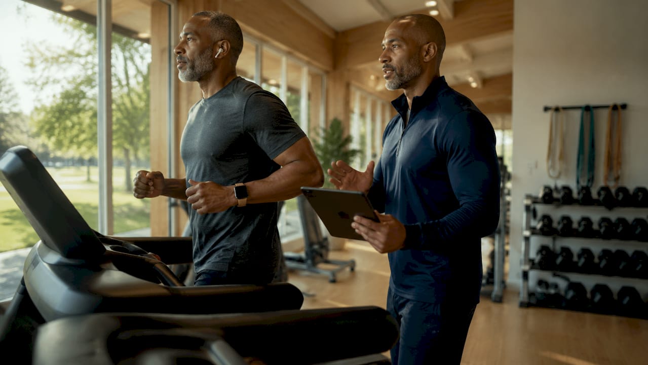Fitness coach monitoring treadmill workout session