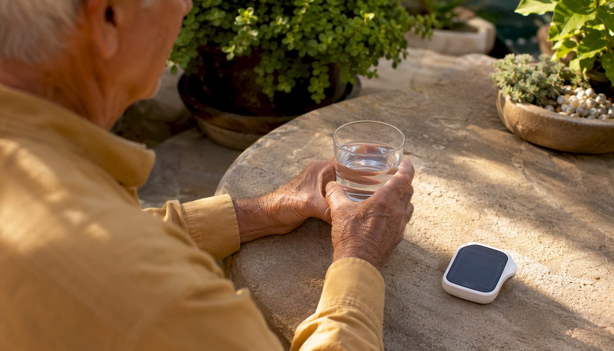Senior man’s hands with water and stress monitoring device