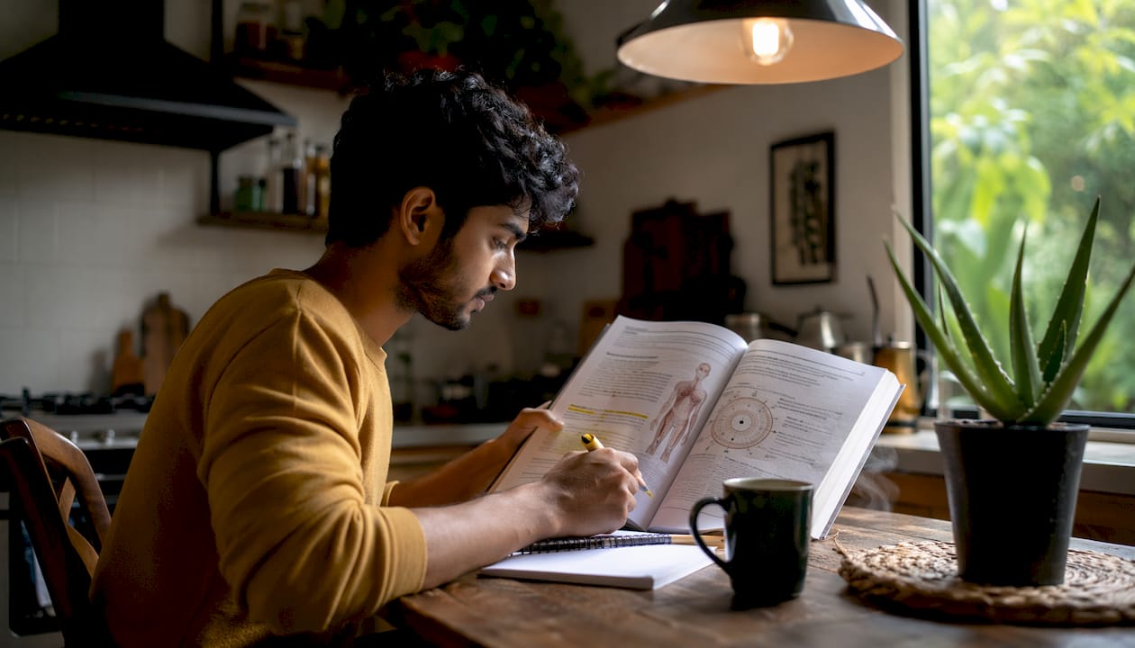 Young man studying detox phases at desk