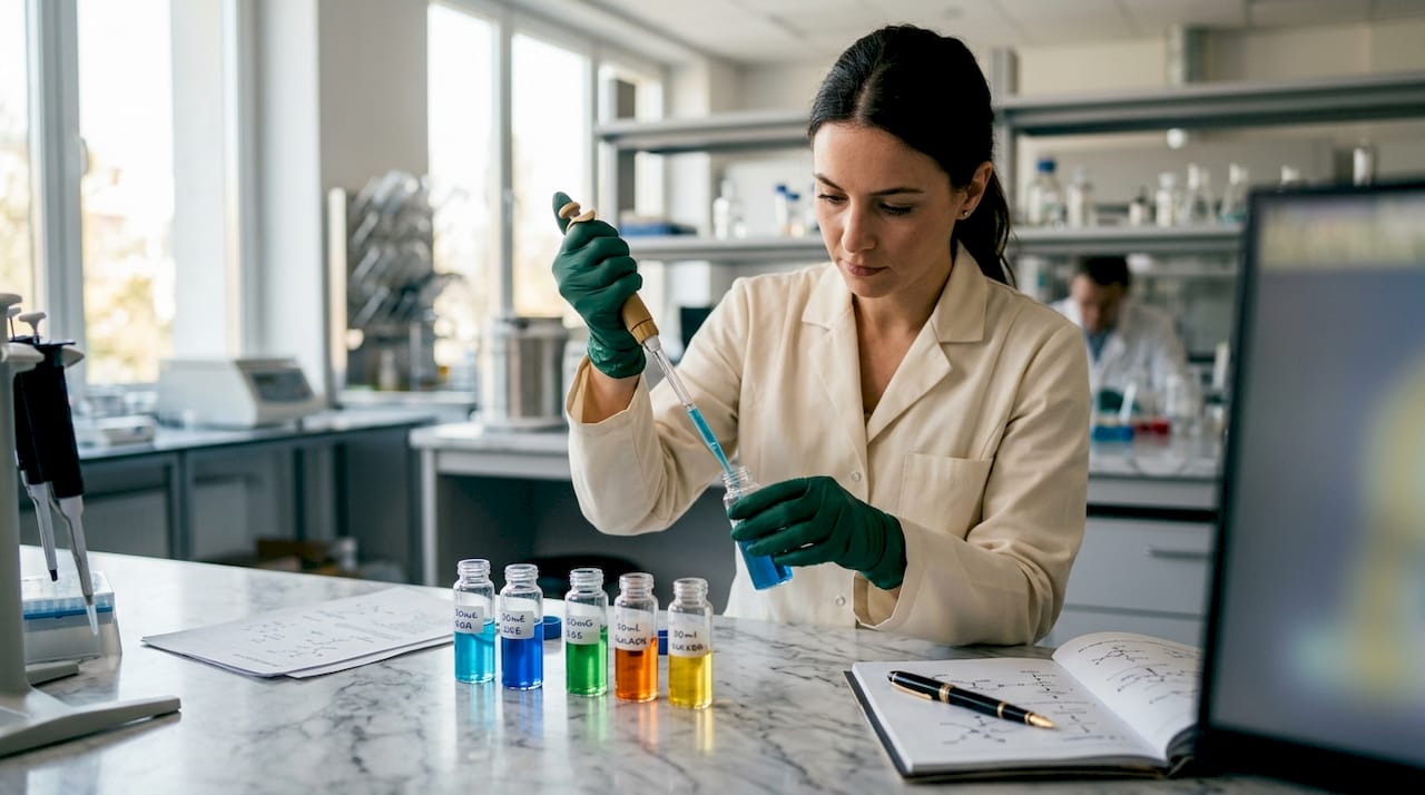 Lab bench with vials and scientist hands pipetting