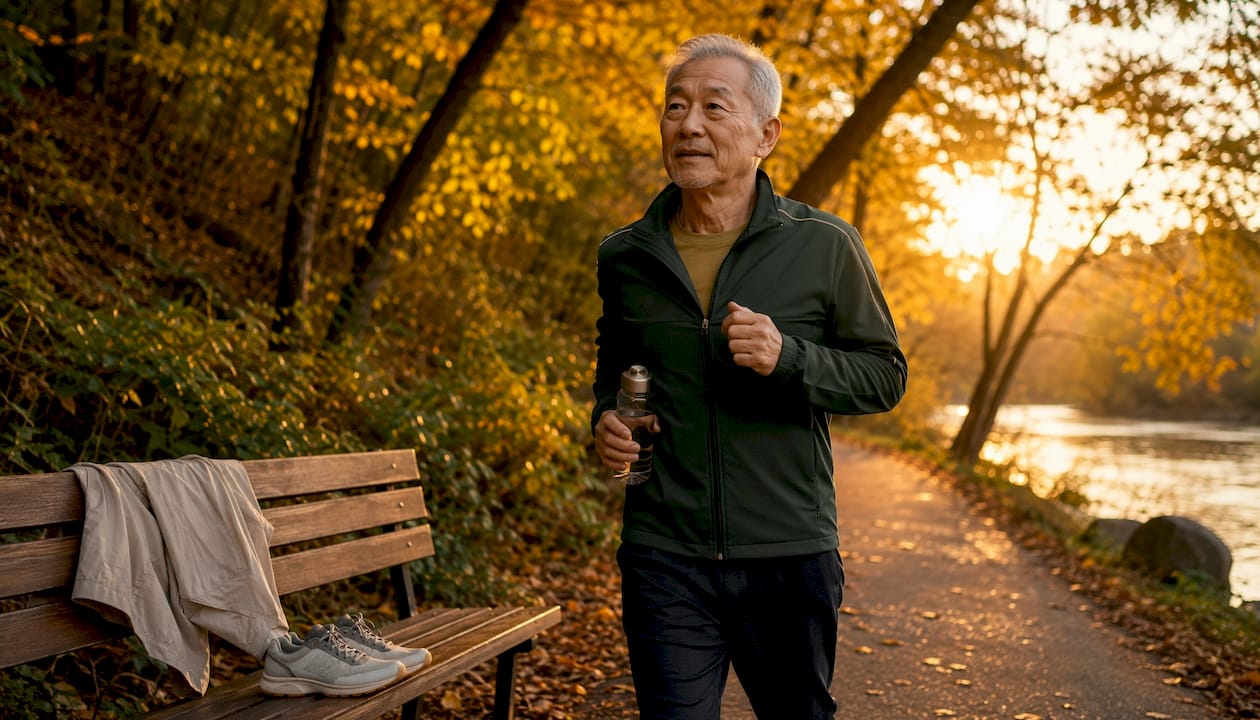 Senior man jogging in forested park trail